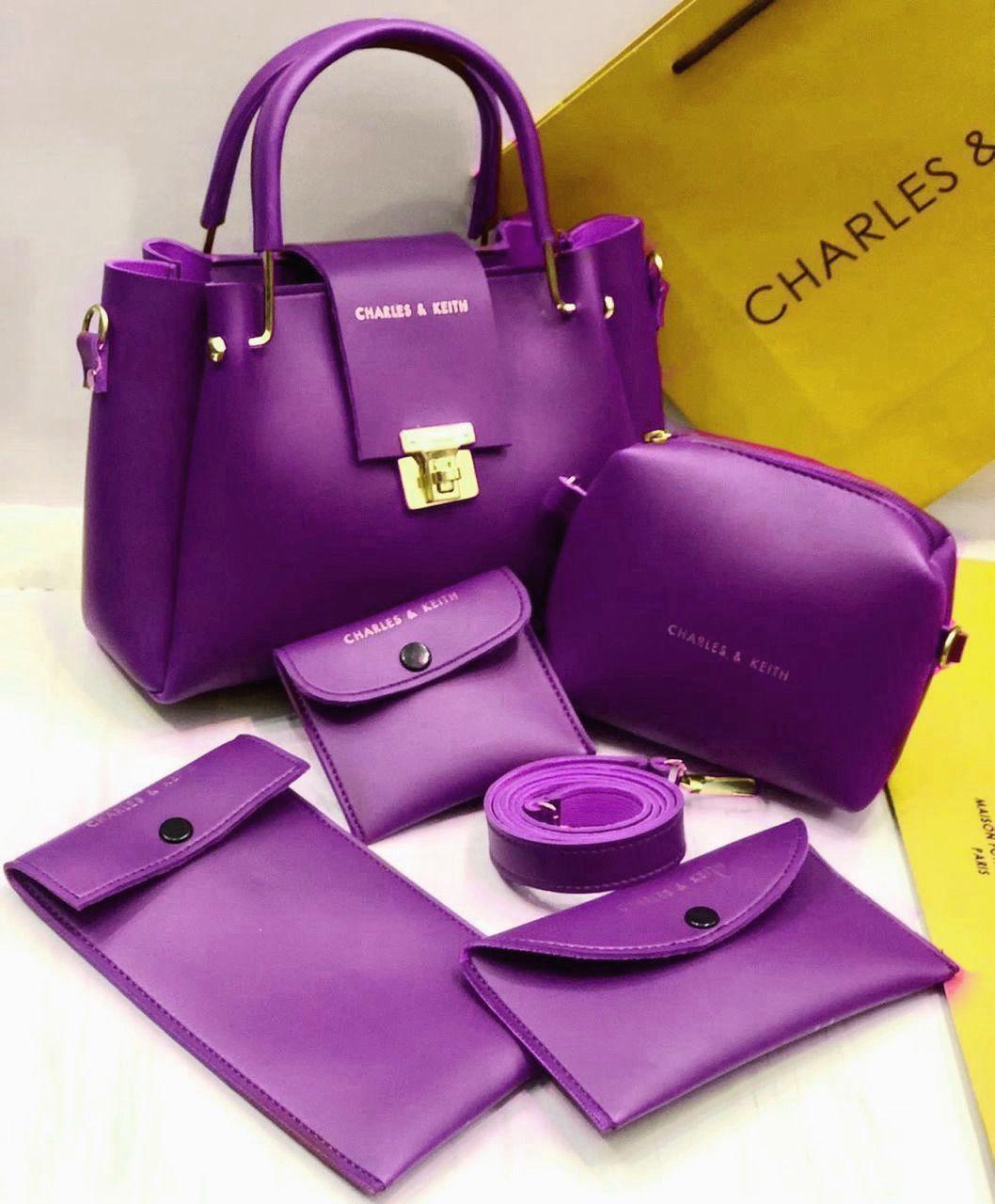 5-Piece Designer Handbag Set Gold Lock Detail Rexine