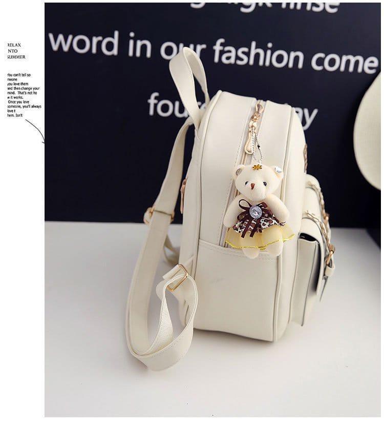 Women's Leather Backpack with Teddy Bear Charm