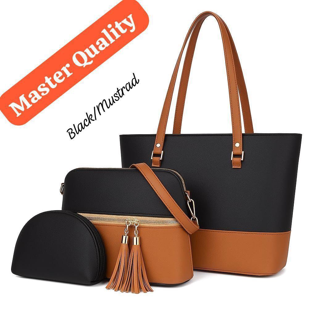 3-Piece Two-Tone Tote Bag Set Tassel Crossbody PU Leather