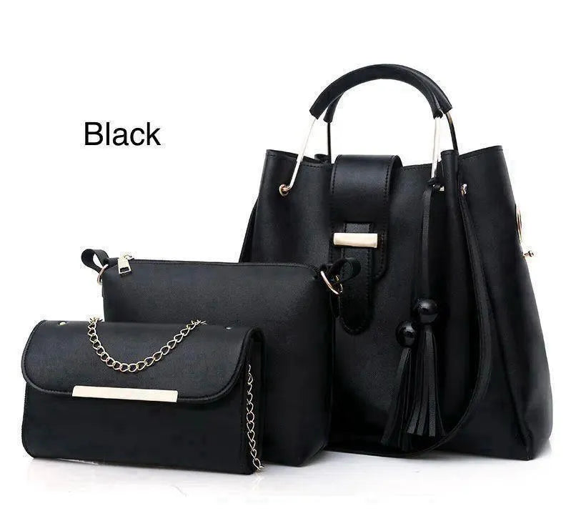 3-Piece Bucket Bag Set Tassel Metal Plate Detail PU Leather