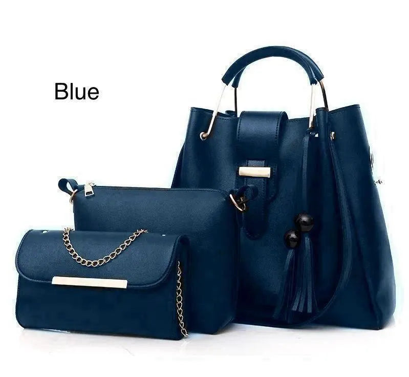 Navy Blue 3-Piece Bucket Bag Set Tassel Metal Plate