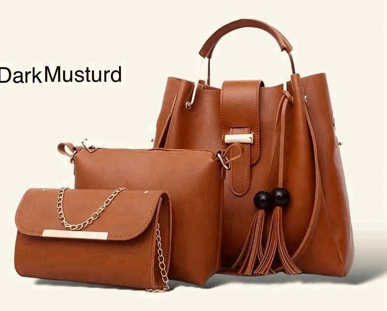 3-Piece Bucket Bag Set Tassel Metal Plate Pink Mustard | Buy Online in Pakistan at MetroCart – 3-Piece | MetroCart Pakistan
