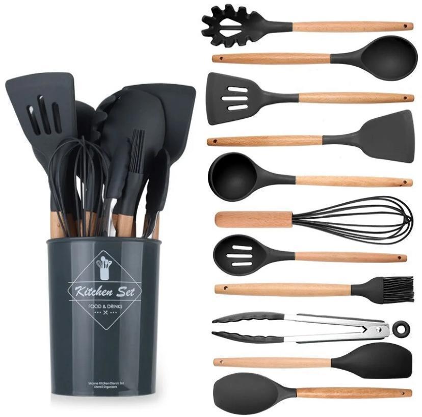 Silicone Kitchen Utensil Set 12-Piece Wooden Handles | Buy Online in Pakistan at MetroCart – Silicone | MetroCart Pakistan