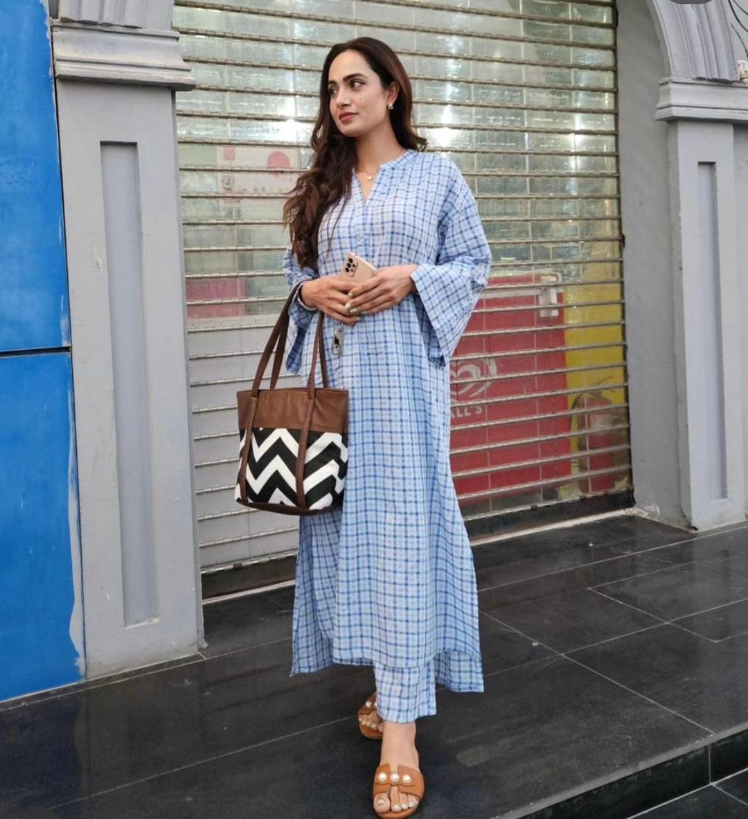 Chevron Print Tote Bag Brown PU Leather Trim Navy White