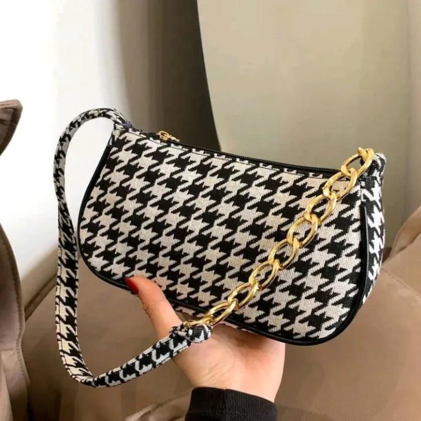 Houndstooth Print Shoulder Bag Chain Strap Baguette