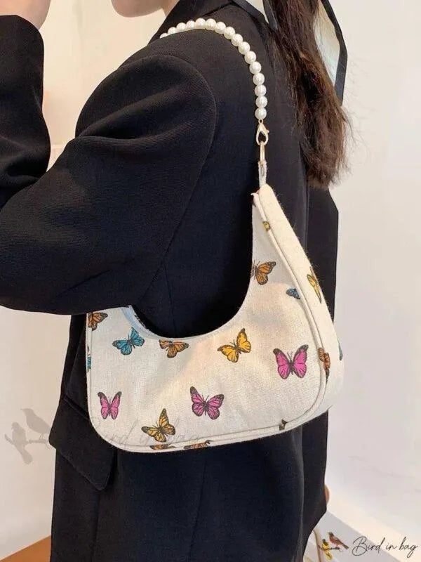 Girl's Butterfly Print Hobo Bag Pearl Handle PU Leather