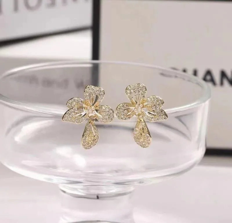 Gold Plated Flower Crystal Earrings