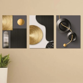 Sticky Wooden Canvas Frames Gold & Black Geometric Art Set of 3