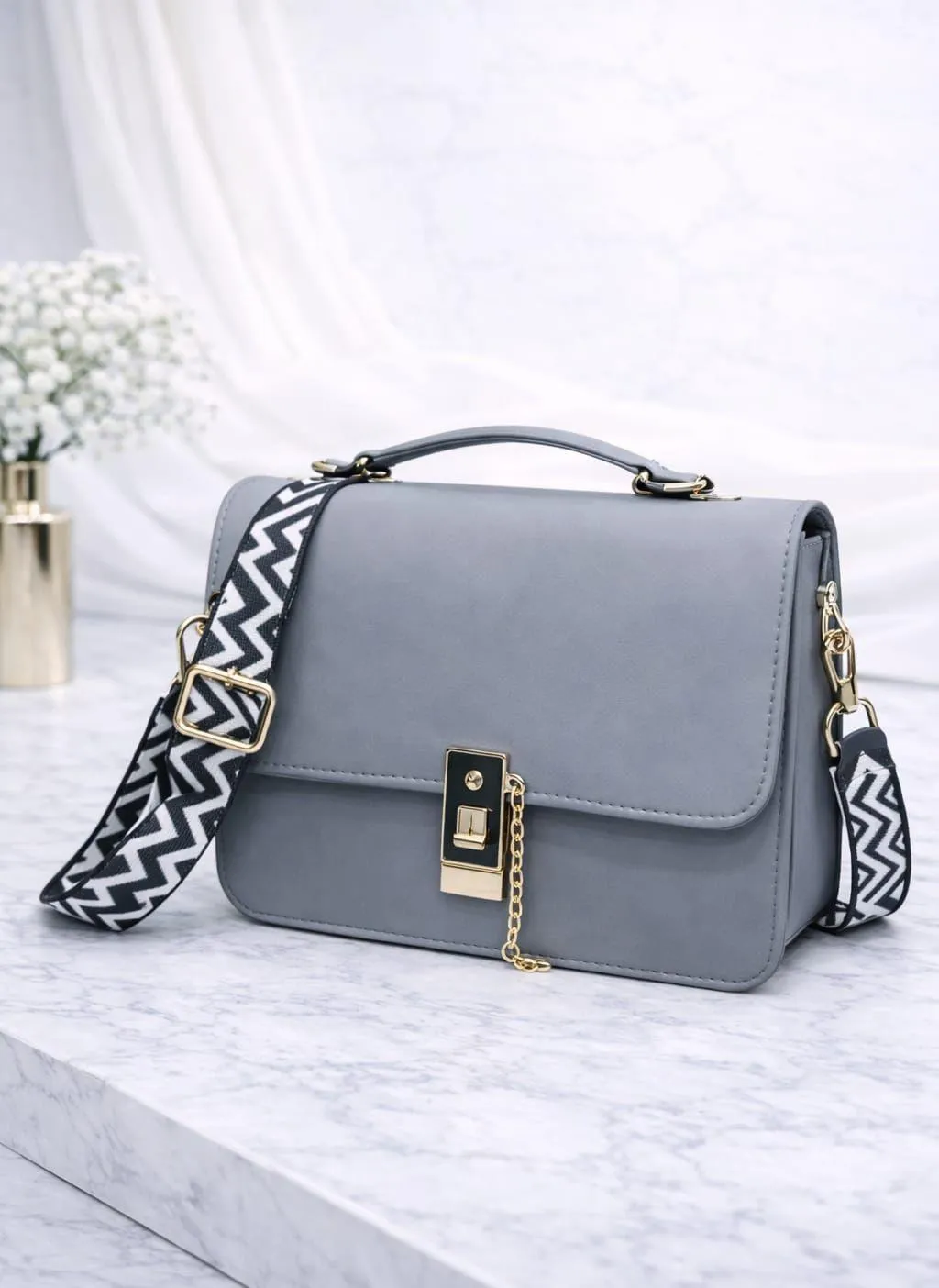 Grey Crossbody Bag Chevron Strap Chain Lock Detail