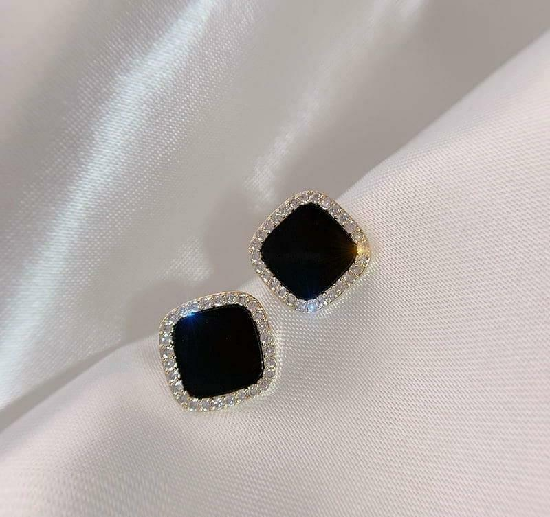 Black Enamel Square Stud Earrings Crystal