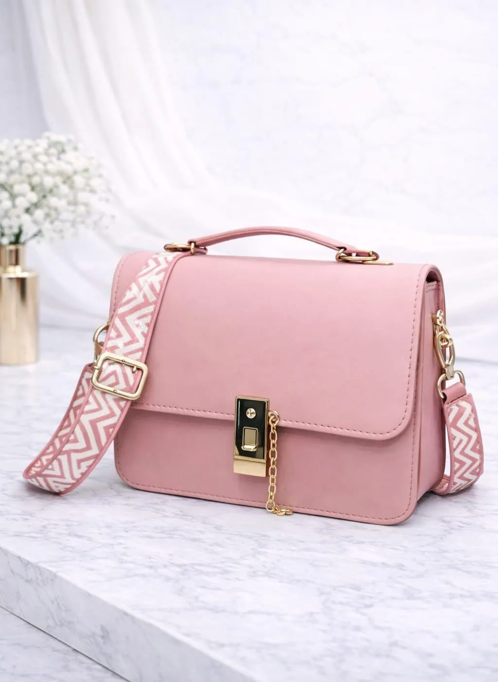 Pink Crossbody Bag Chevron Strap Chain Lock Detail
