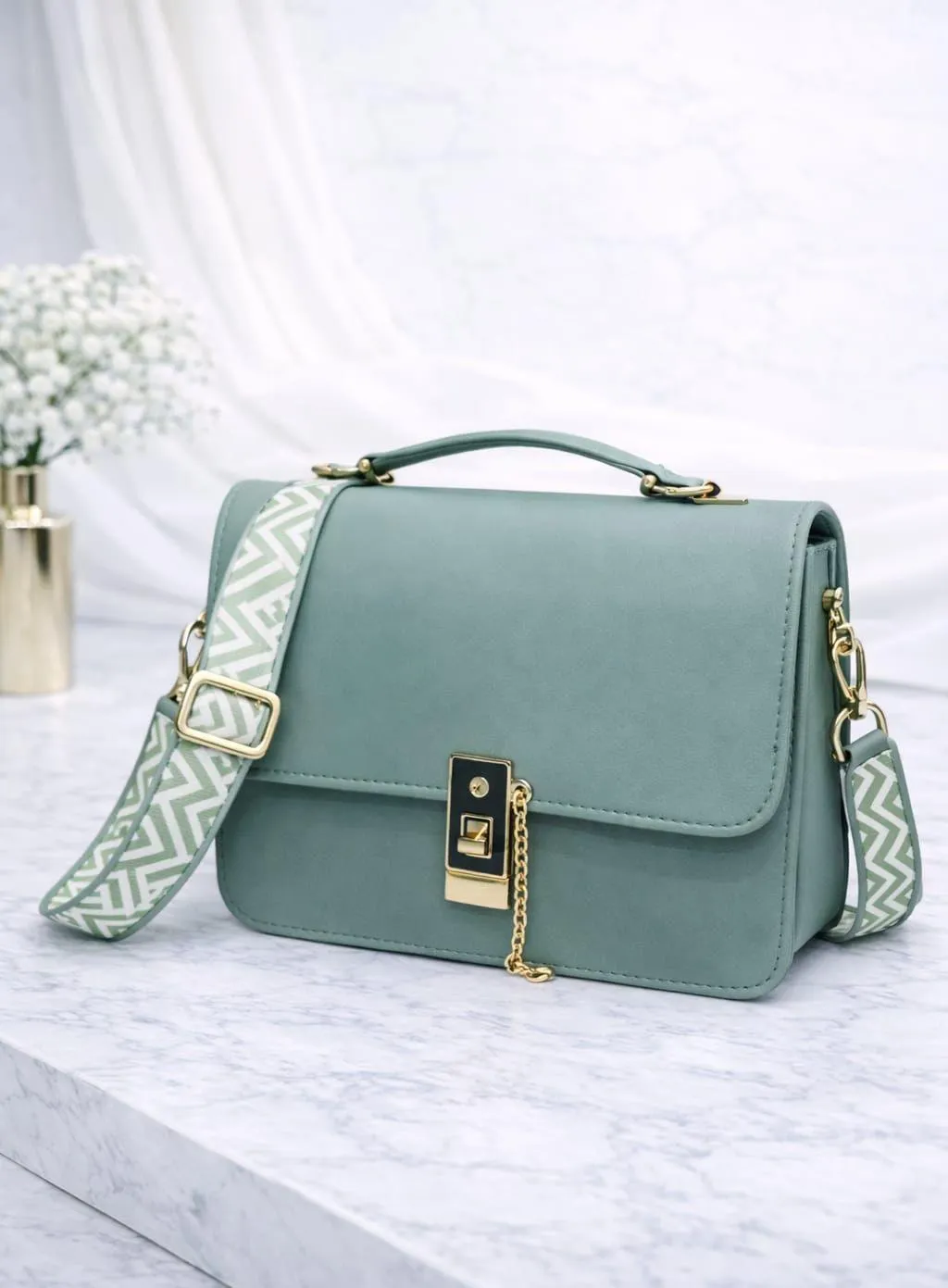 Sage Green Crossbody Bag Chevron Strap Chain Lock Detail | Buy Online in Pakistan at MetroCart – Sage | MetroCart Pakistan