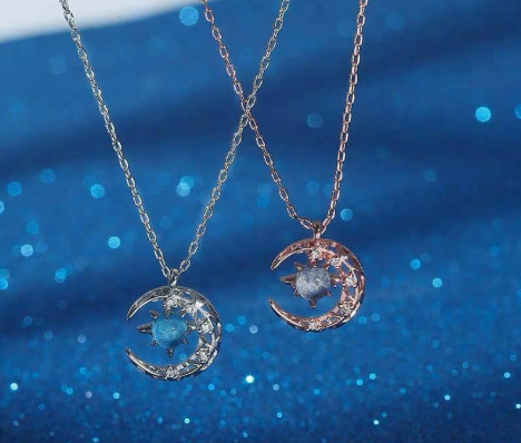 Moon Star Pendant Necklace Blue Crystal
