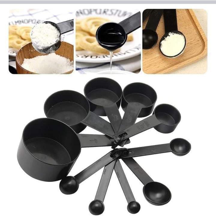 10pcs Kitchen Measuring Spoons Set Black Plastic Cups for Baking Coffee Sugar Flour