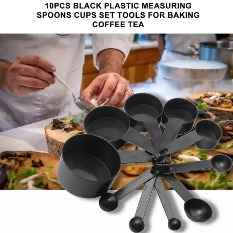 10pcs Kitchen Measuring Spoons Set Black Plastic Cups for Baking Coffee Sugar Flour