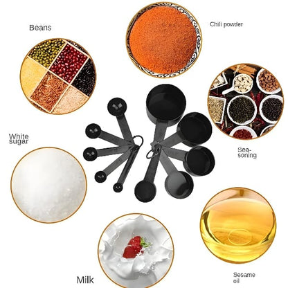 10pcs Kitchen Measuring Spoons Set Black Plastic Cups for Baking Coffee Sugar Flour