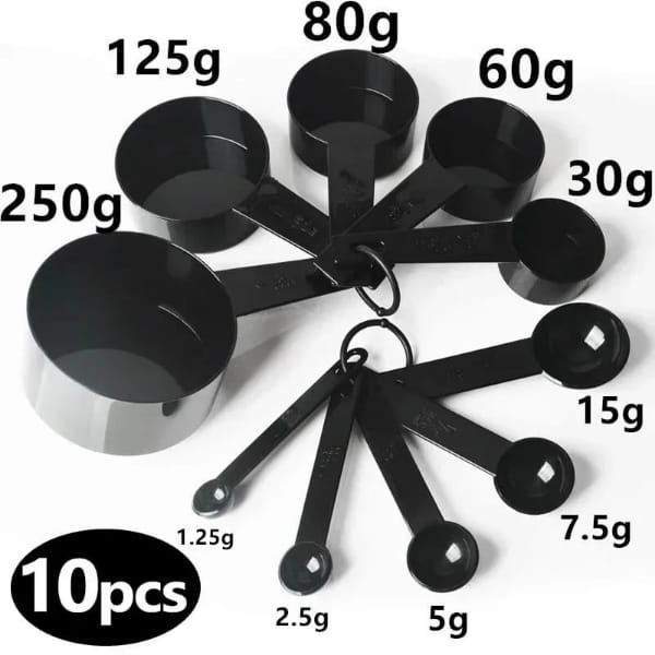 10pcs Kitchen Measuring Spoons Set Black Plastic Cups for Baking Coffee Sugar Flour