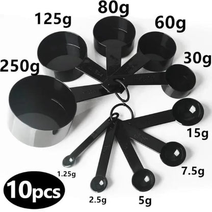 10pcs Kitchen Measuring Spoons Set Black Plastic Cups for Baking Coffee Sugar Flour