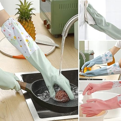 Long Reusable Dishwashing Gloves with Fleece Lining Waterproof Anti-Slip Heat Resistant