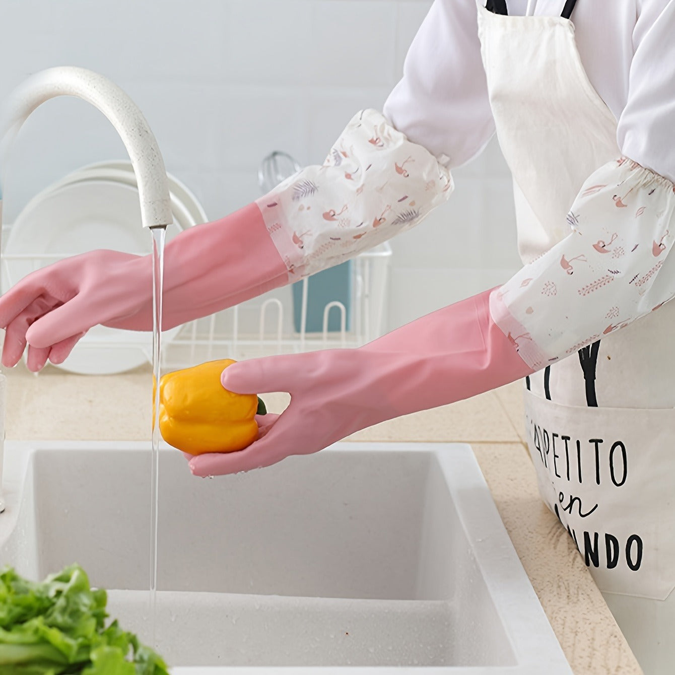 Long Reusable Dishwashing Gloves with Fleece Lining Waterproof Anti-Slip Heat Resistant