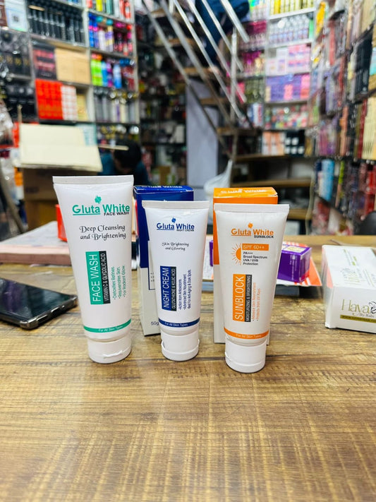 Gluta White 3-in-1 Skin Brightening System Face Wash Sunblock Night Cream