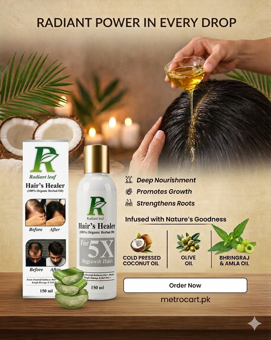 Radiant Leaf Hair's Healer 100% Organic Herbal Oil for 5X Hair Regrowth 150ml | Buy Online in Pakistan at MetroCart – Radiant | MetroCart Pakistan