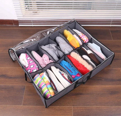Under-Bed Shoe Organizer 12 Grid Storage with Dust Cover