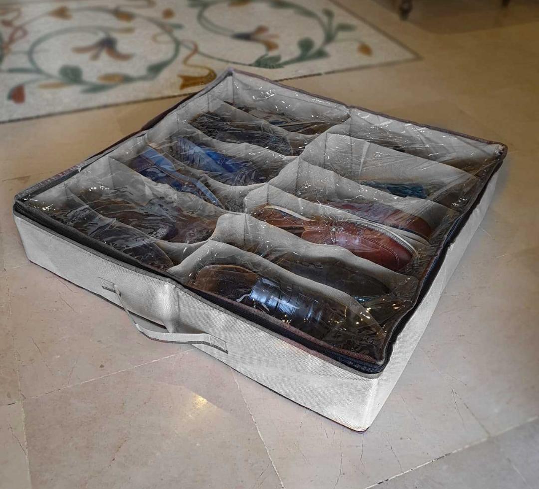 Under-Bed Shoe Organizer 12 Grid Storage with Dust Cover