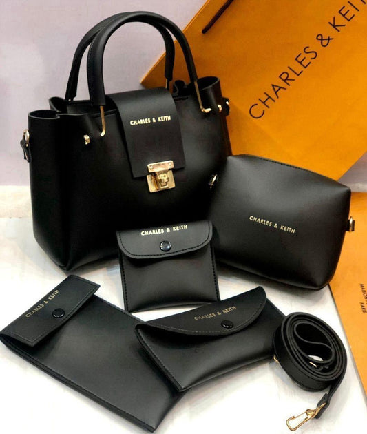 5-Piece Designer Handbag Set Gold Lock Detail Rexine