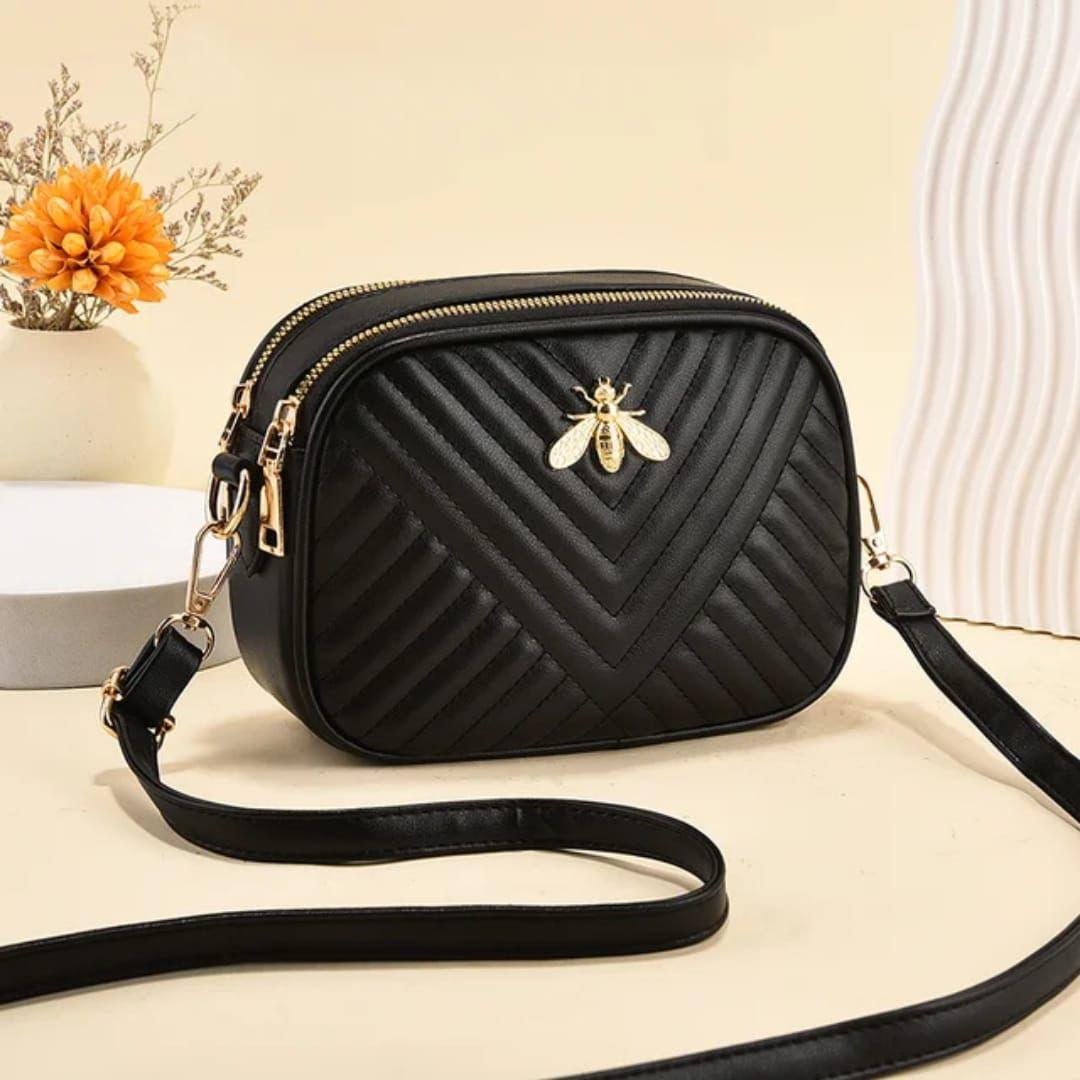 Quilted Chevron Crossbody Bag Bee Emblem Rexine