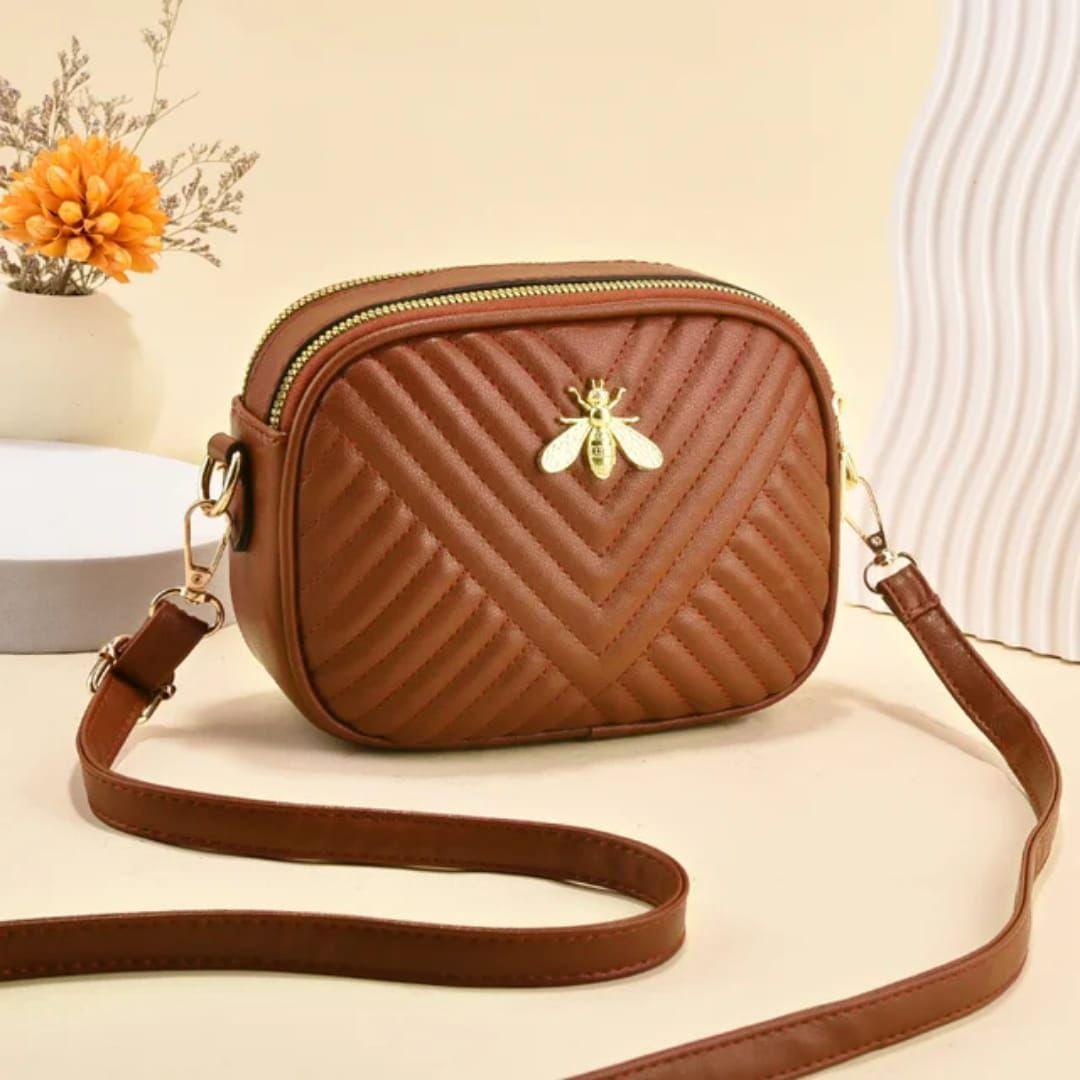 Quilted Chevron Crossbody Bag Bee Emblem Rexine
