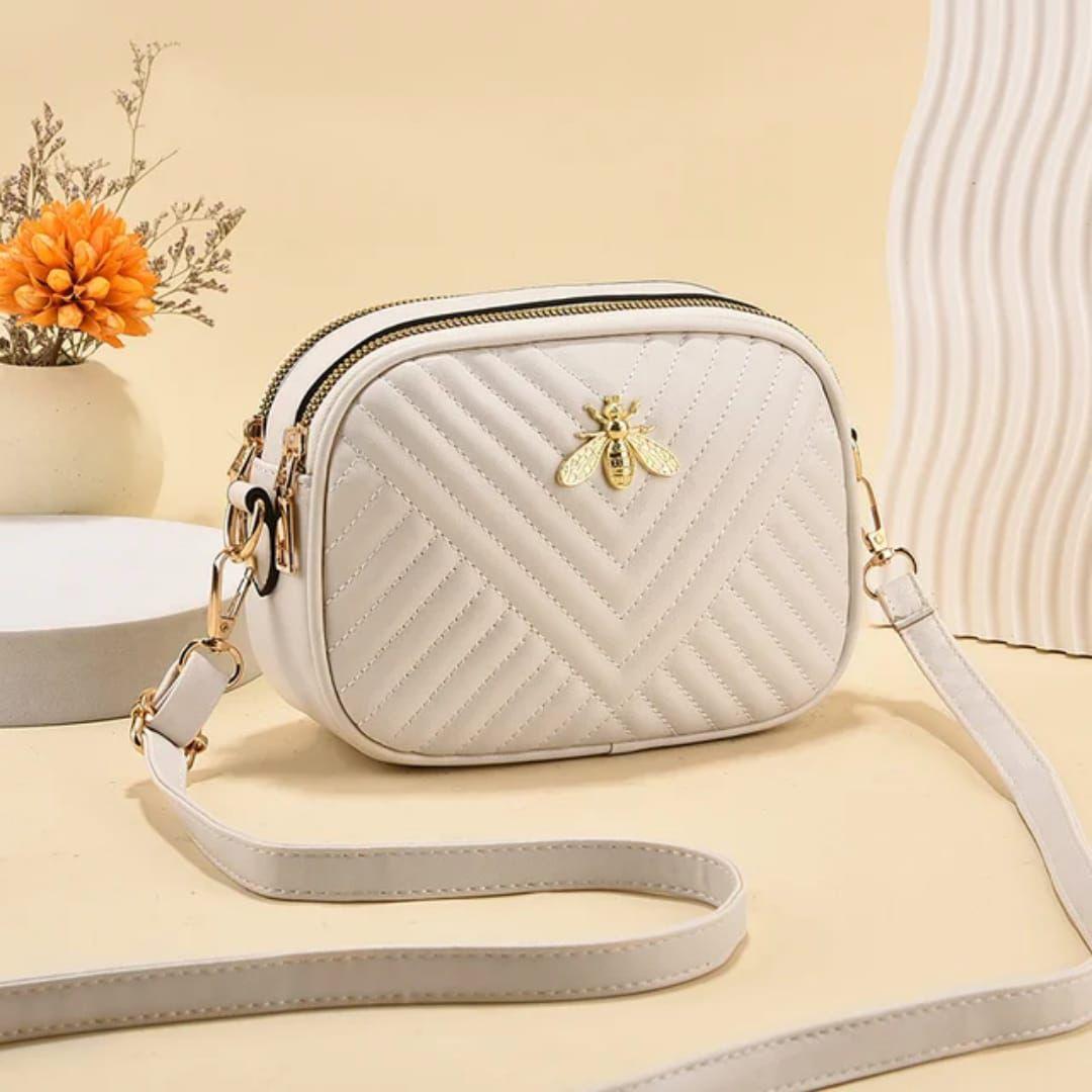 Quilted Chevron Crossbody Bag Bee Emblem Rexine