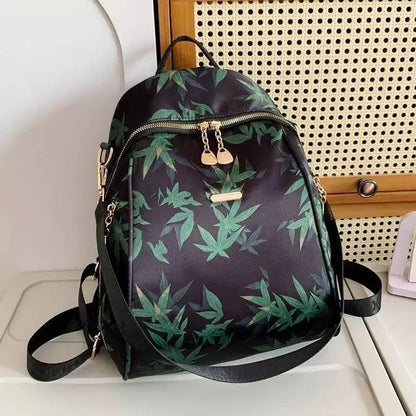 Botanical Print Parachute Backpack Gold Hardware Black