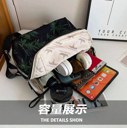 Botanical Print Parachute Backpack Gold Hardware Black