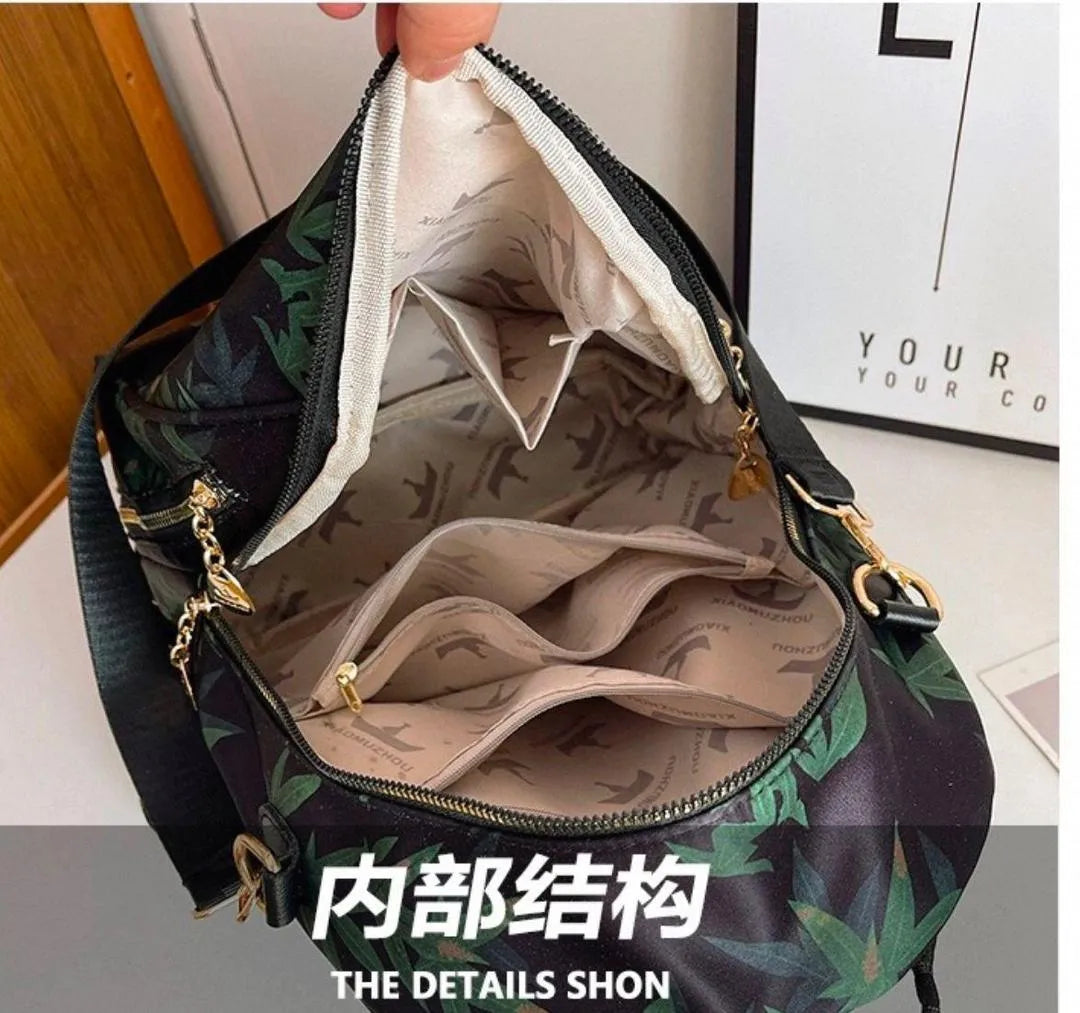 Botanical Print Parachute Backpack Gold Hardware Black