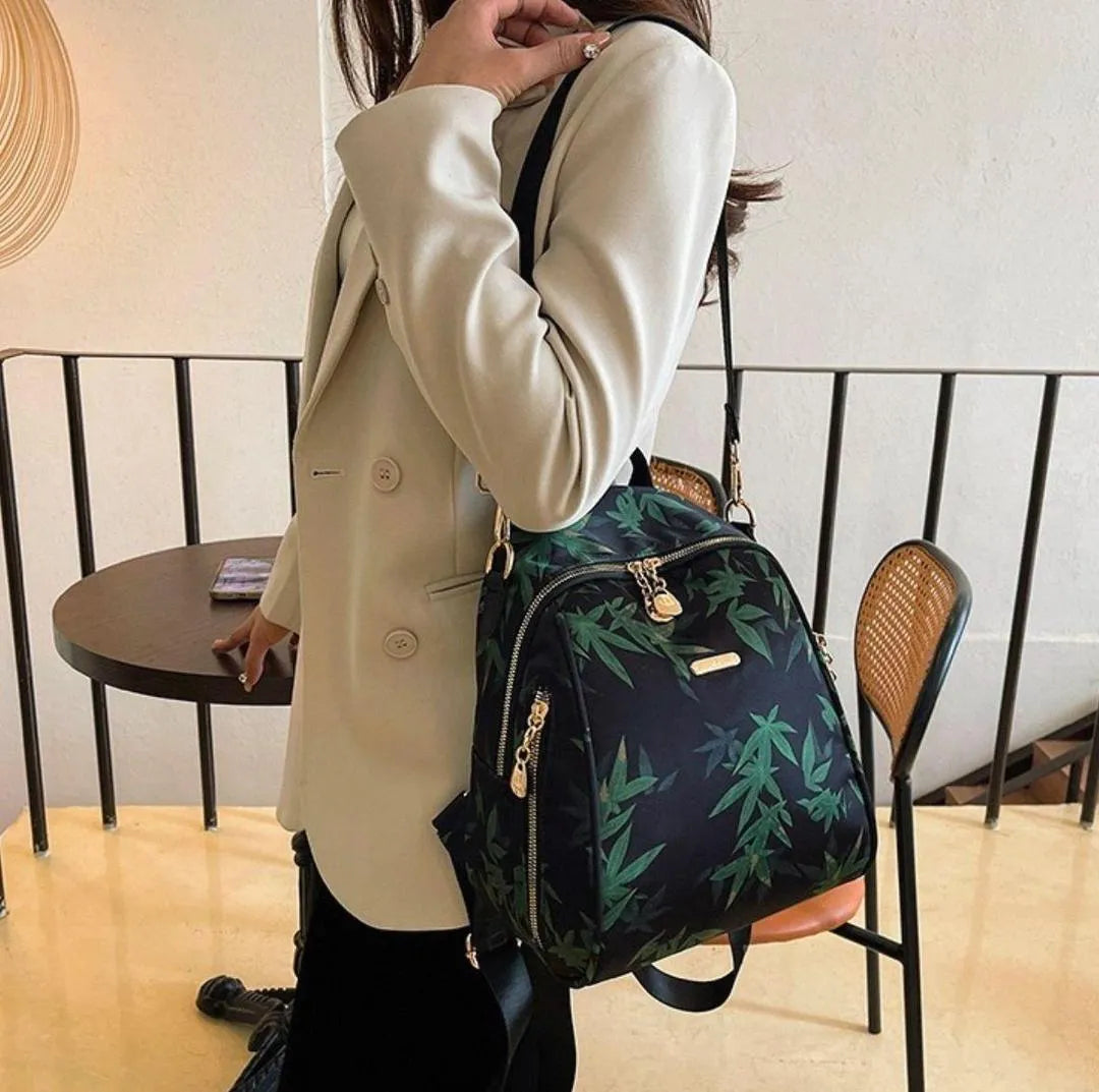 Botanical Print Parachute Backpack Gold Hardware Black