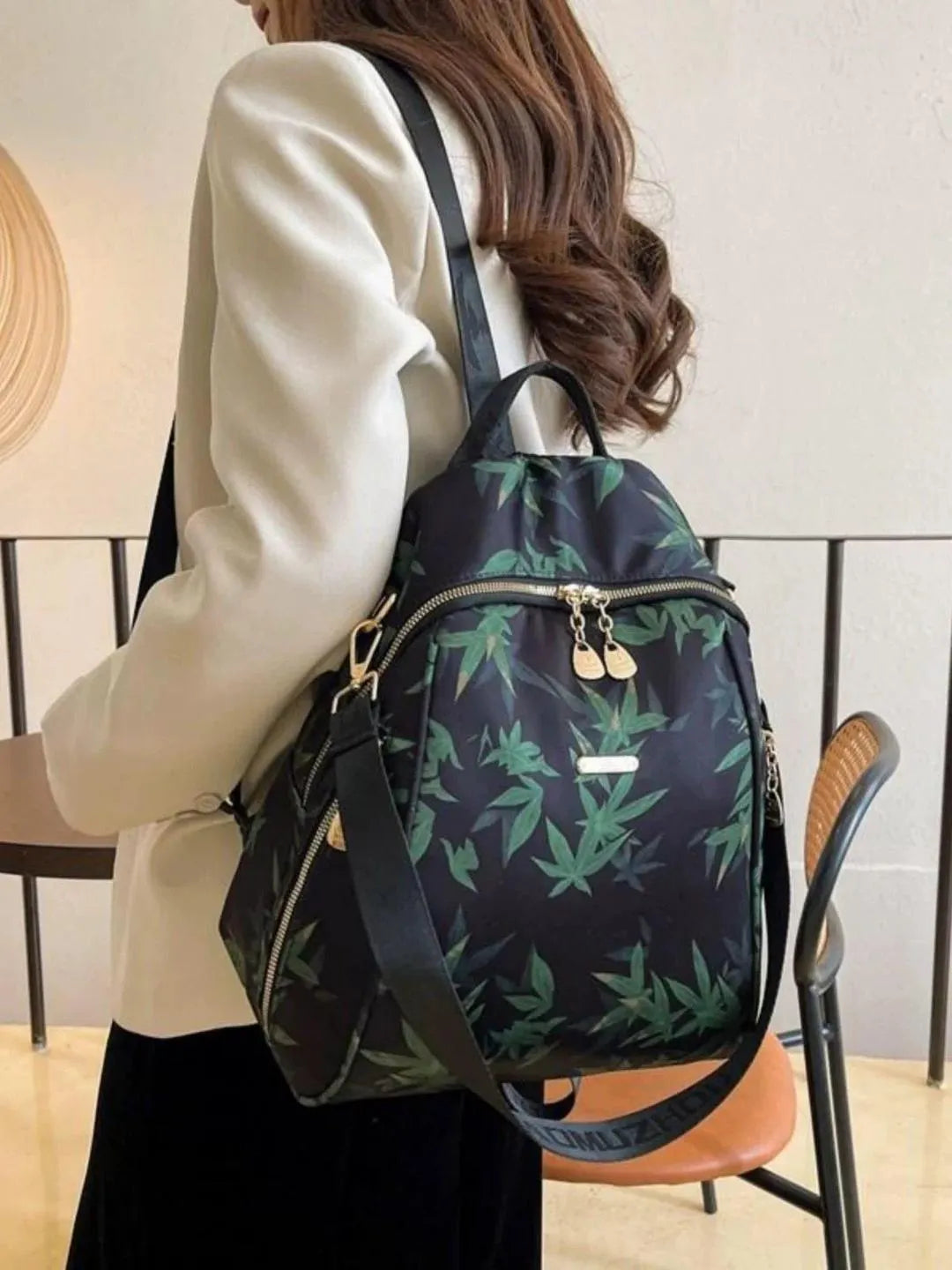 Botanical Print Parachute Backpack Gold Hardware Black
