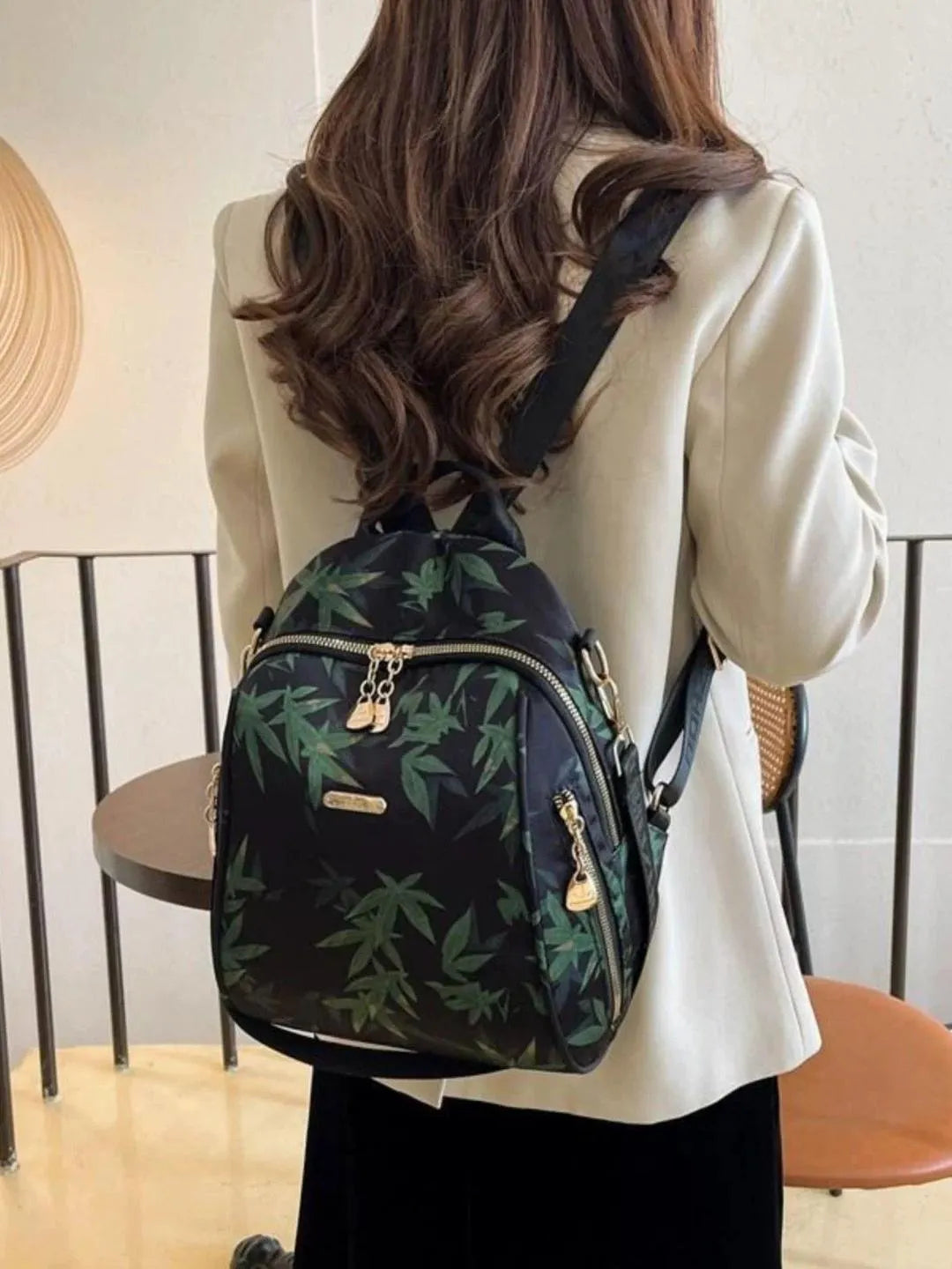 Botanical Print Parachute Backpack Gold Hardware Black