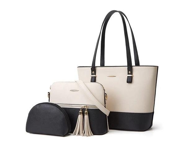 3-Piece Two-Tone Tote Bag Set Tassel Detail PU Leather