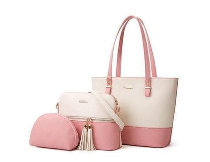 3-Piece Two-Tone Tote Bag Set Tassel Detail PU Leather