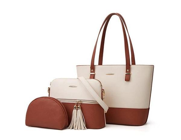 3-Piece Two-Tone Tote Bag Set Tassel Detail PU Leather