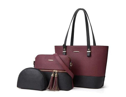 3-Piece Two-Tone Tote Bag Set Tassel Detail PU Leather