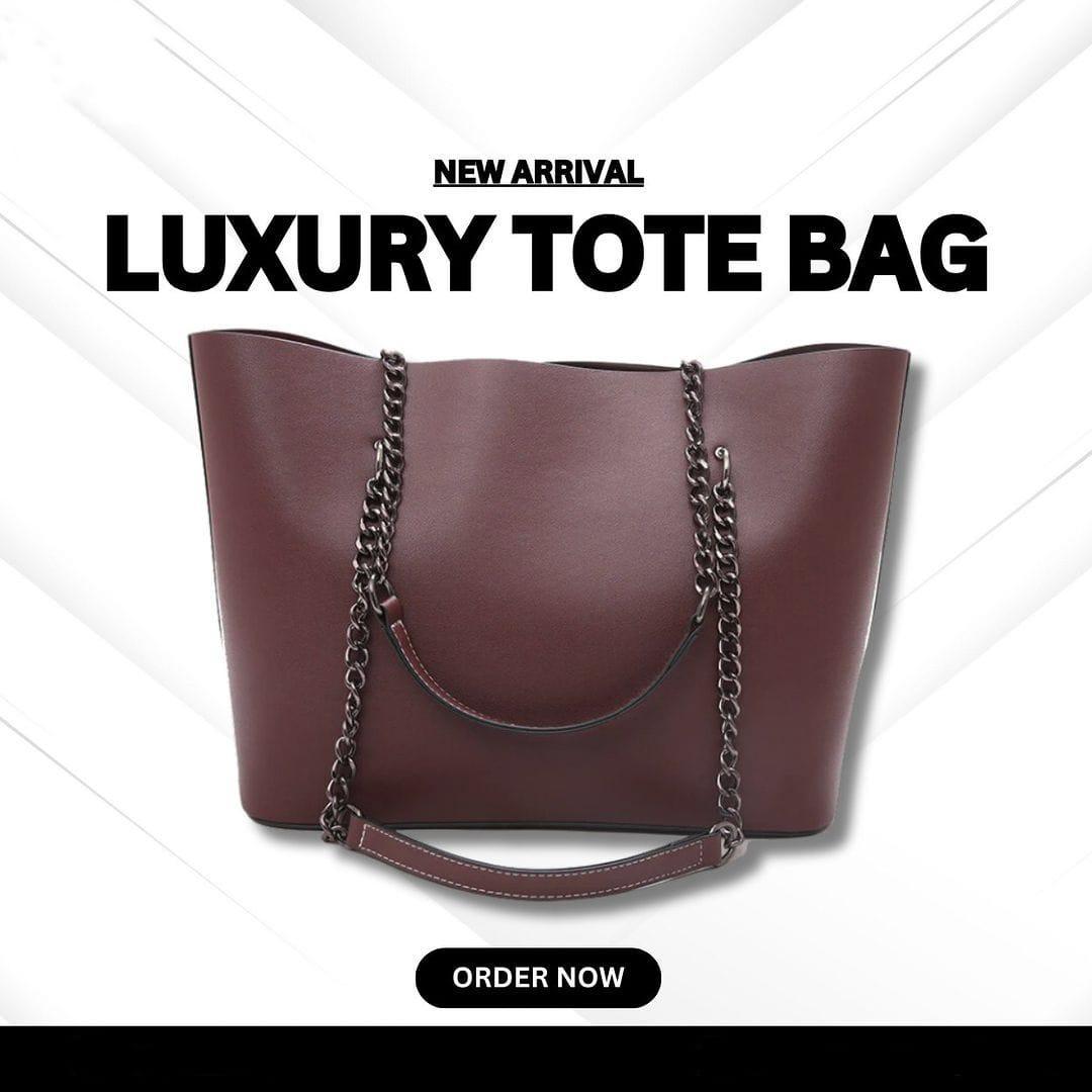 Chain Strap Tote Bag Contrast Stitching PU Leather