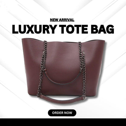 Chain Strap Tote Bag Contrast Stitching PU Leather