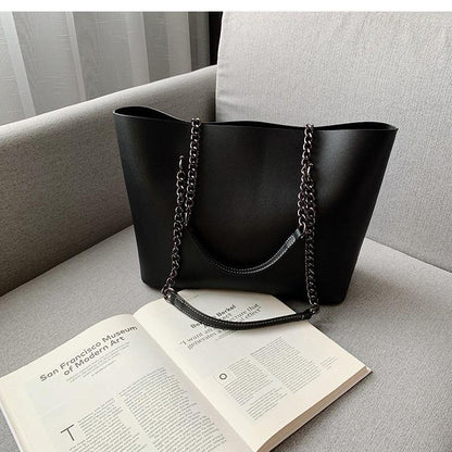 Chain Strap Tote Bag Contrast Stitching PU Leather