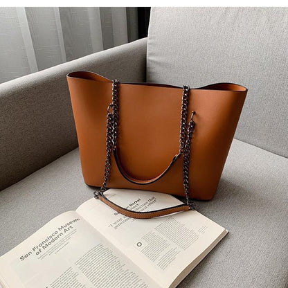 Chain Strap Tote Bag Contrast Stitching PU Leather