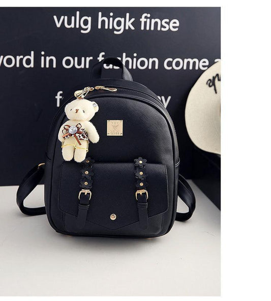 Women's Leather Backpack with Teddy Bear Charm