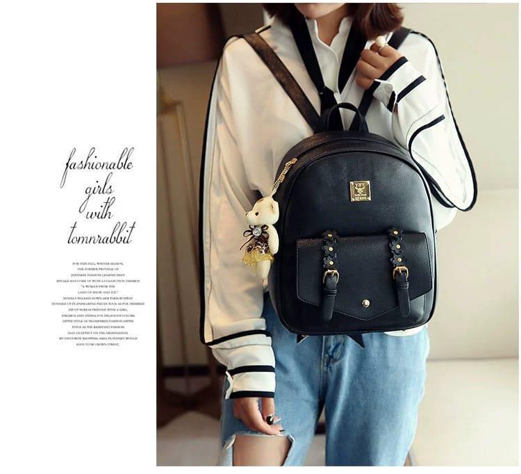 Women's Leather Backpack with Teddy Bear Charm