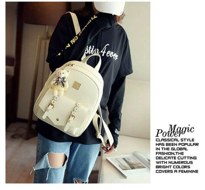 Women's Leather Backpack with Teddy Bear Charm