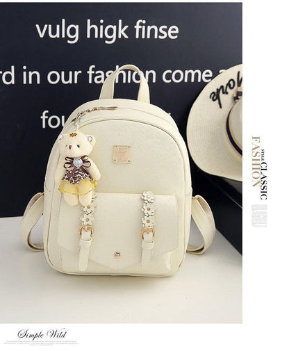 Women's Leather Backpack with Teddy Bear Charm